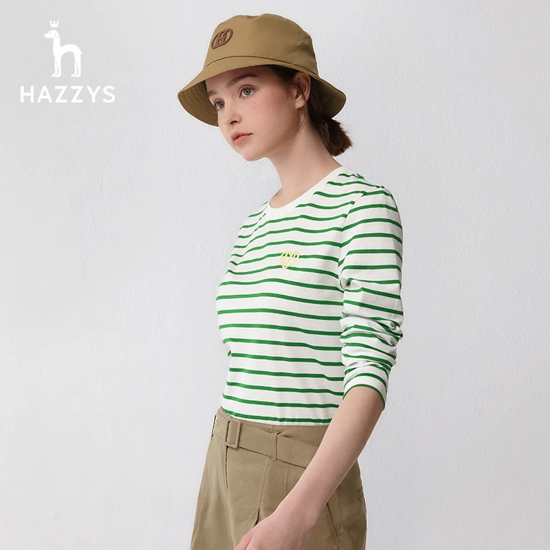 Hazzys/哈吉斯春夏季长袖女t恤衫圆领条纹女士休闲上衣薄荷曼波