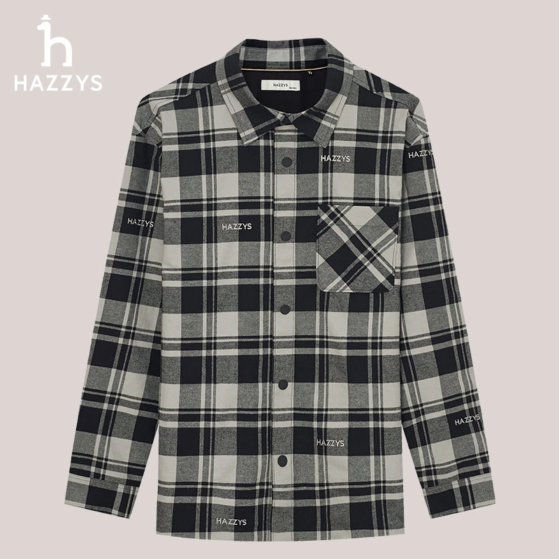 Hazzys哈吉斯秋冬季男士长袖衬衫时尚休闲经典格纹拼接气质衬衣