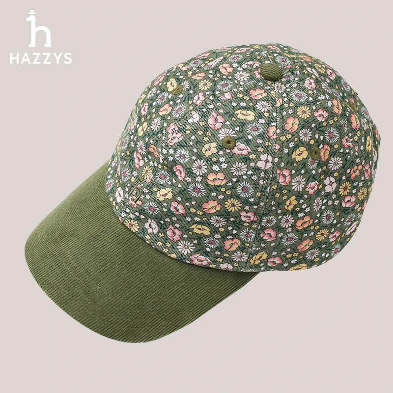 Hazzys哈吉斯灯芯绒花朵女士秋季缝制帽子时尚棒球帽