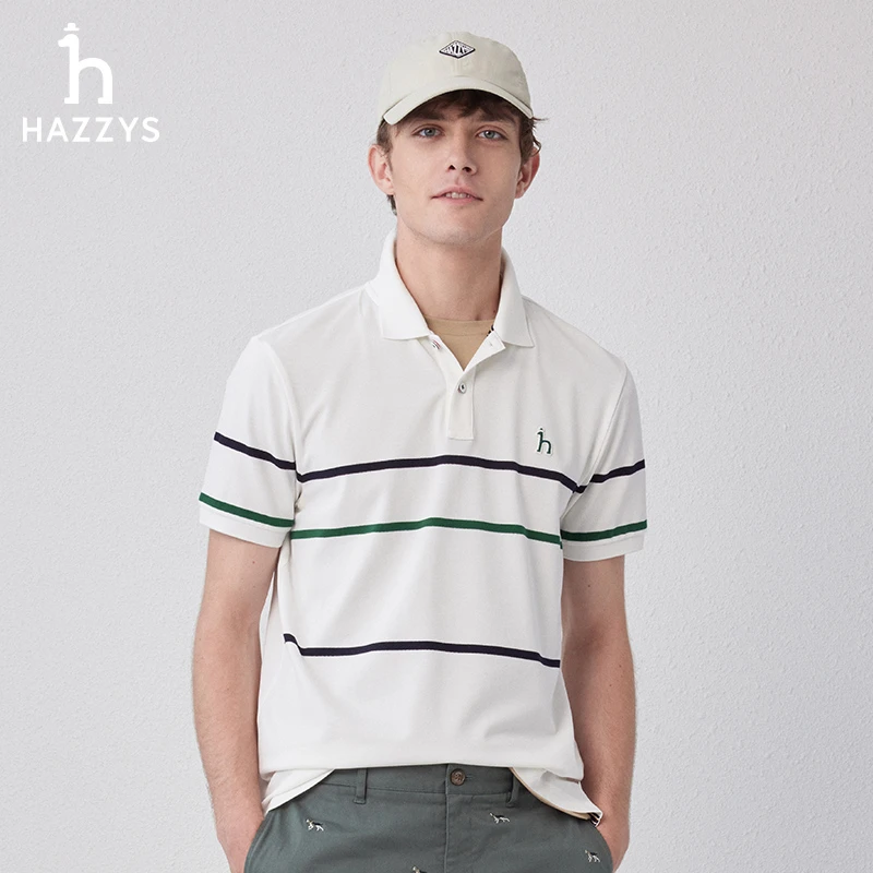 Hazzys哈吉斯男士夏季条纹拼接撞色POLO衫休闲时尚设计感短袖T恤