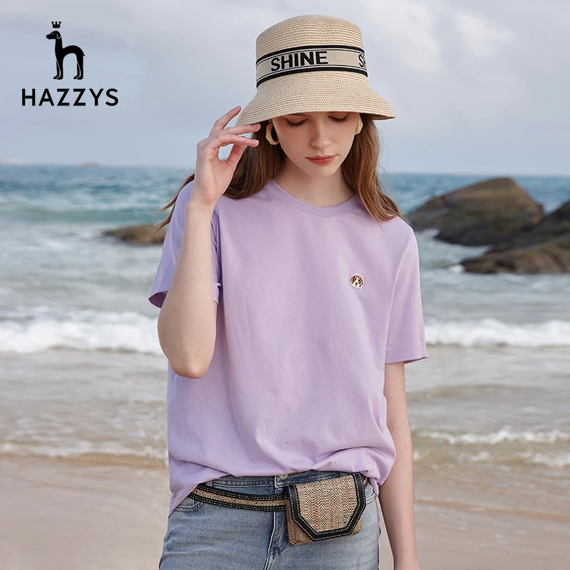 Hazzys哈吉斯潮流短袖t恤女内搭 紫色圆领宽松短款上衣打底衫
