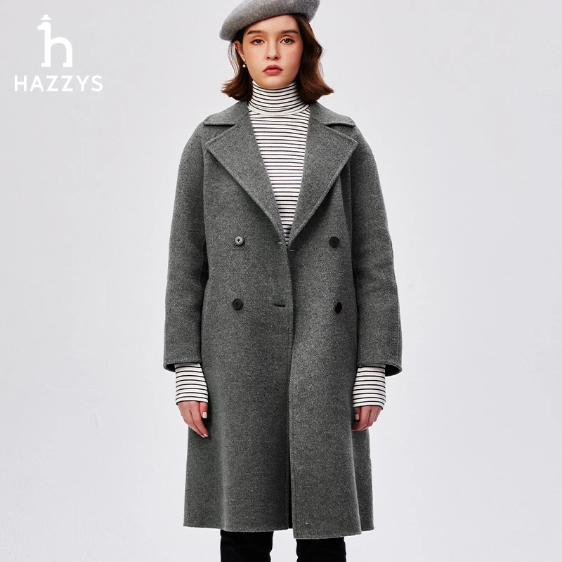 Hazzys哈吉斯女士秋冬休闲时尚翻领系带中长款大衣通勤百搭气质