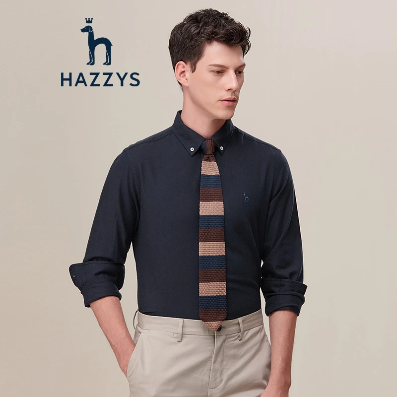 Hazzys哈吉斯男士纯色遮肚腩衬衣休闲长袖衬衫男时尚百搭上衣男装