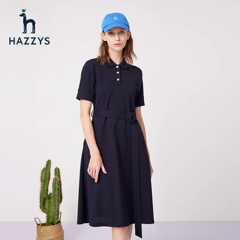 Hazzys哈吉斯女士气质系带polo短袖过膝连衣裙女夏季收腰休闲女装