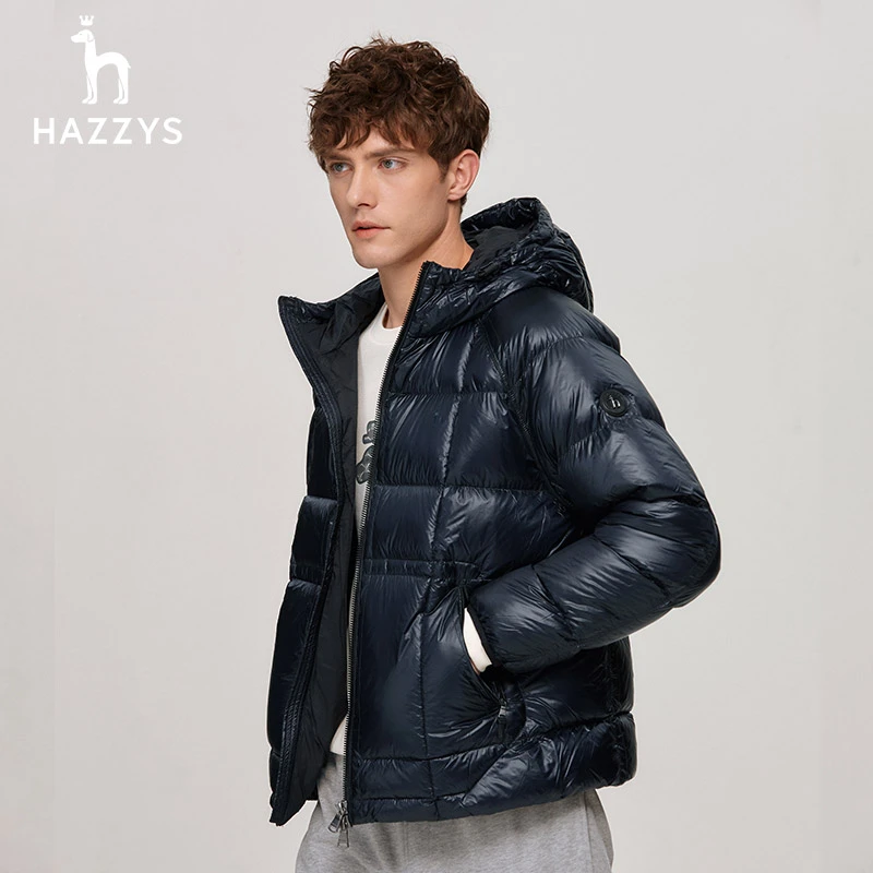 Hazzys哈吉斯冬季羽绒服纯色连帽鹅绒男士休闲时尚上衣外套潮流