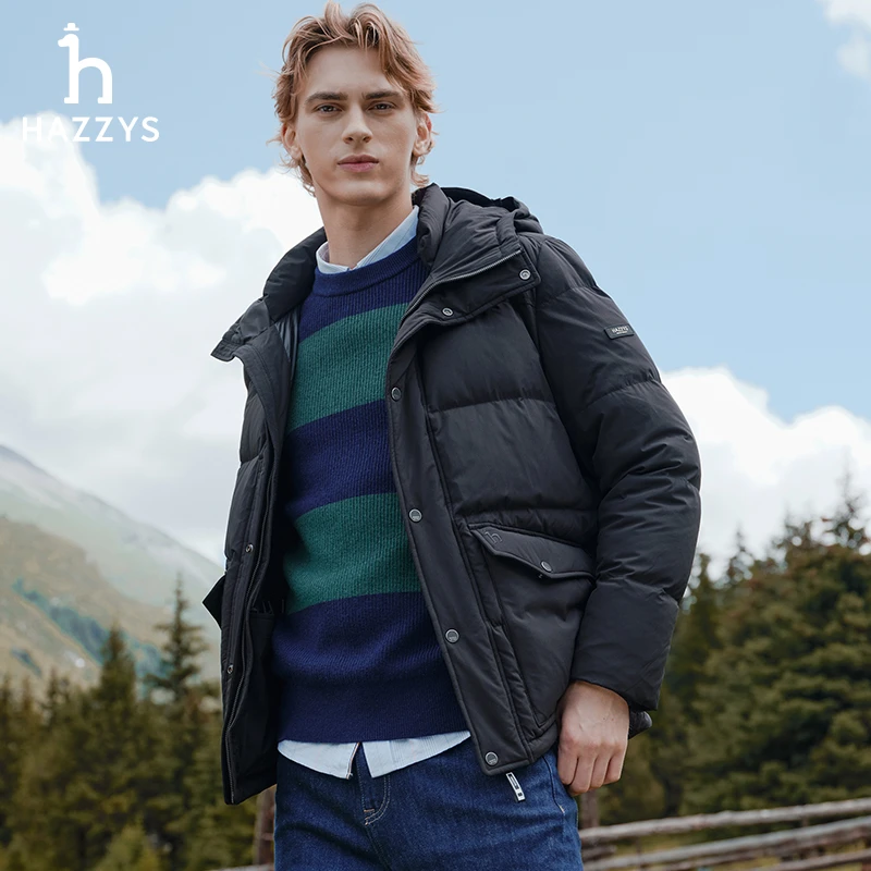 Hazzys哈吉斯冬季纯色连帽羽绒服保暖潮流分区充绒时尚宽松外套男
