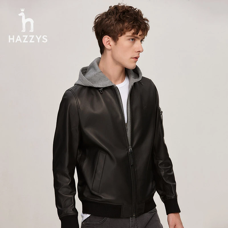 Hazzys哈吉斯男士秋季连帽百搭商务休闲皮衣经典通勤百搭帅气外套
