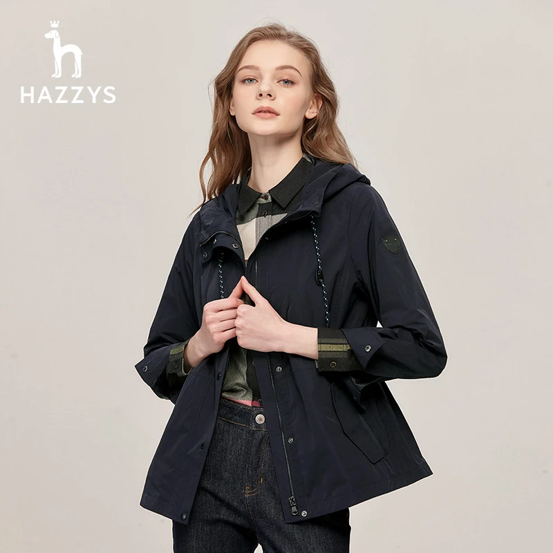 Hazzys哈吉斯短款宽松经典连帽夹克女士轻职场休闲长袖外套上衣女
