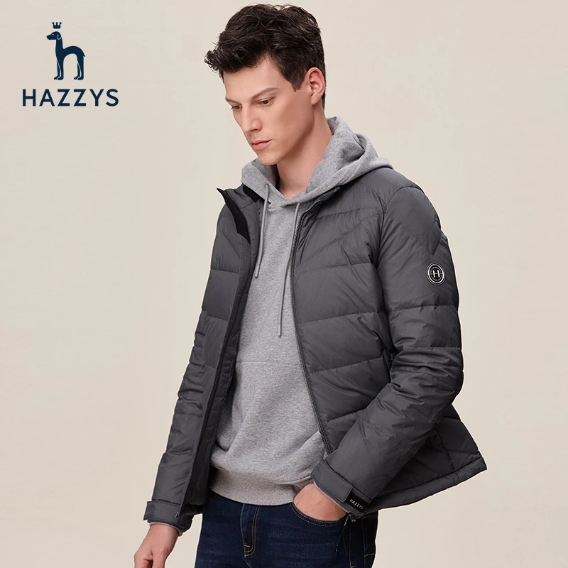 Hazzys/哈吉斯冬季男士短款白鸭绒羽绒服立领英伦舒适男上衣外套