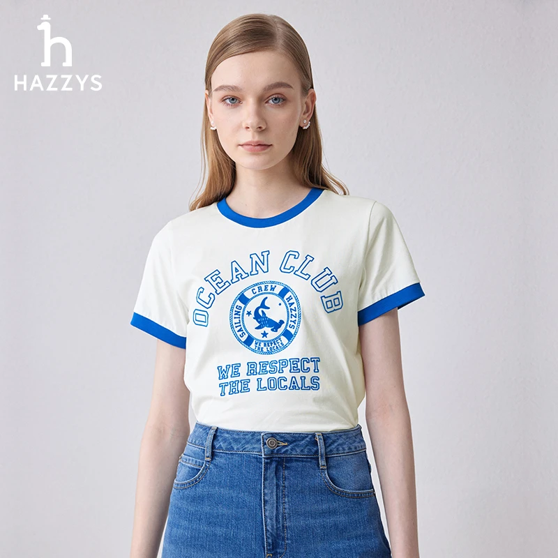 【海洋环保】Hazzys哈吉斯夏季女士白色短袖t恤百搭休闲时尚半袖