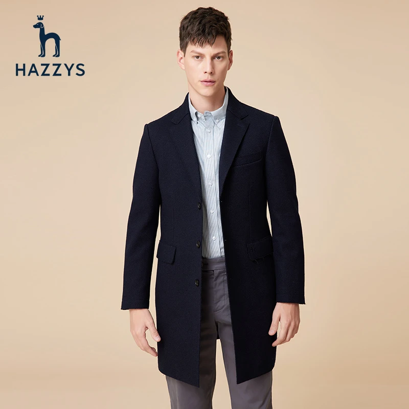 Hazzys哈吉斯秋冬季男士中长款羊毛外套时尚毛呢大衣百搭休闲潮流