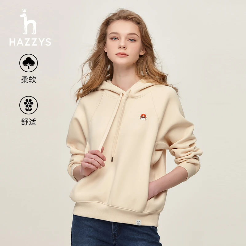 下架Hazzys女士宽松版连帽学院风卫衣刺绣卡通logo休闲上衣潮