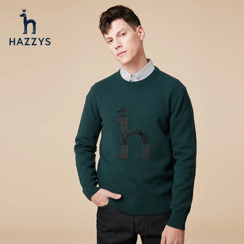 Hazzys哈吉斯秋冬男士上衣舒适羊毛衫休闲圆领长袖毛衣套头针织衫