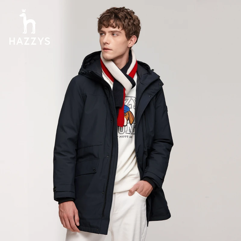 Hazzys哈吉斯冬季男士连帽中长款羽绒服运动休闲潮流加厚外套保暖