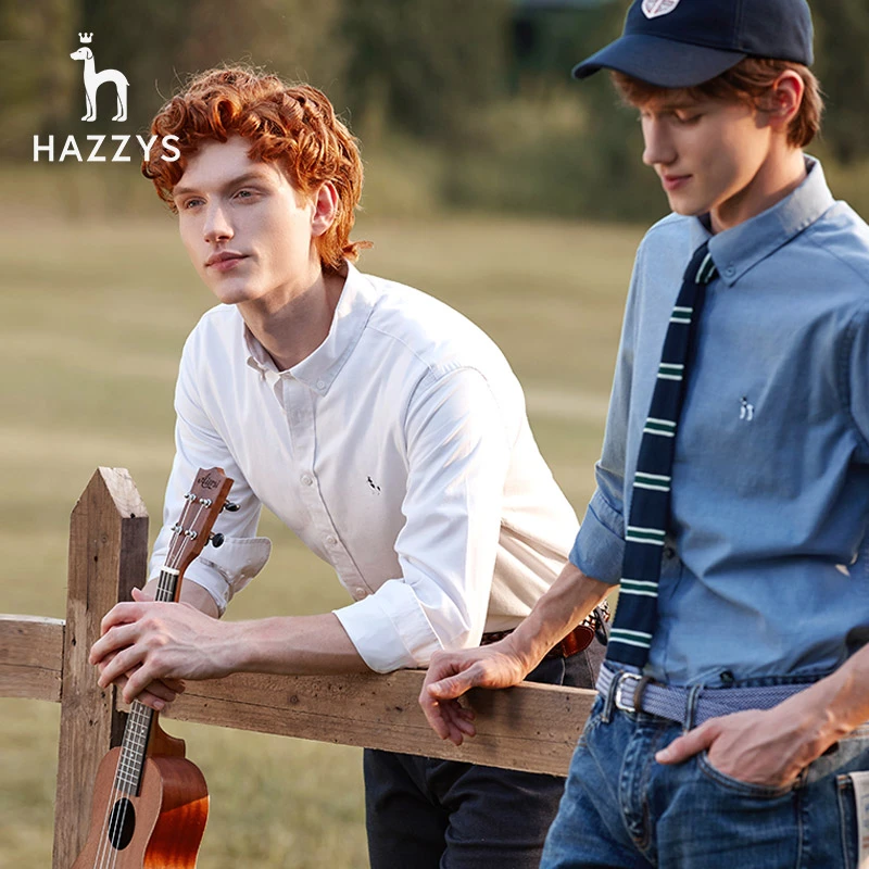 Hazzys哈吉斯男士春秋商务英伦休闲时尚撞色刺绣百搭长袖