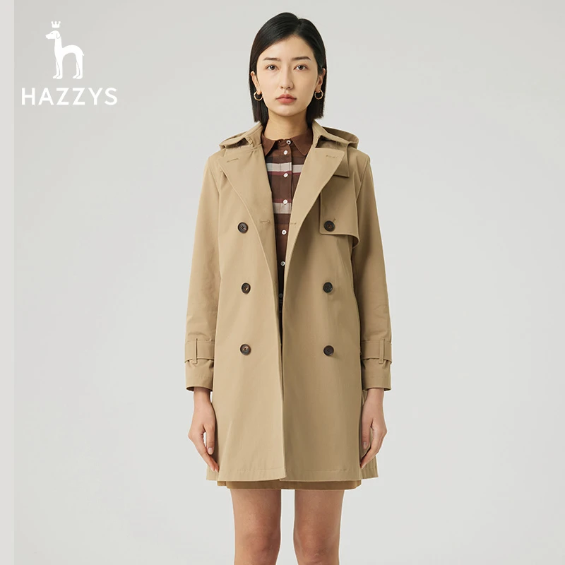 Hazzys哈吉斯秋冬女士气质百搭双排扣风衣连帽休闲轻职场外套女