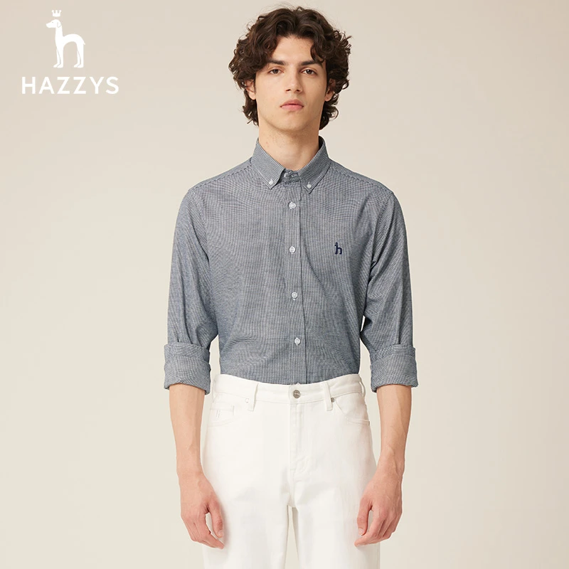 Hazzys/哈吉斯男士百搭简约长袖格纹衬衣经典商务通勤舒适衬衫