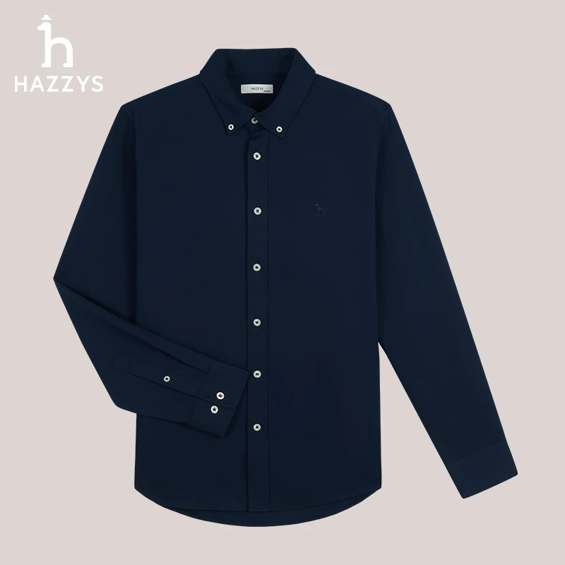 Hazzys哈吉斯男士秋季纯色休闲时尚百搭长袖衬衫舒适简约衬衣