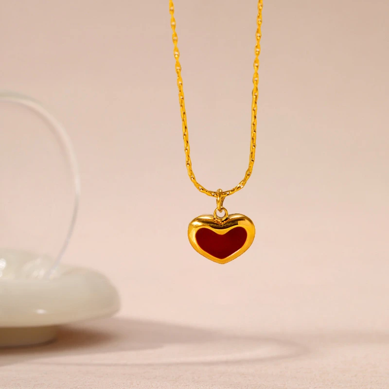 钛钢项链 法式复古红色爱心滴油项链女夏季小众设计感锁骨链饰品
