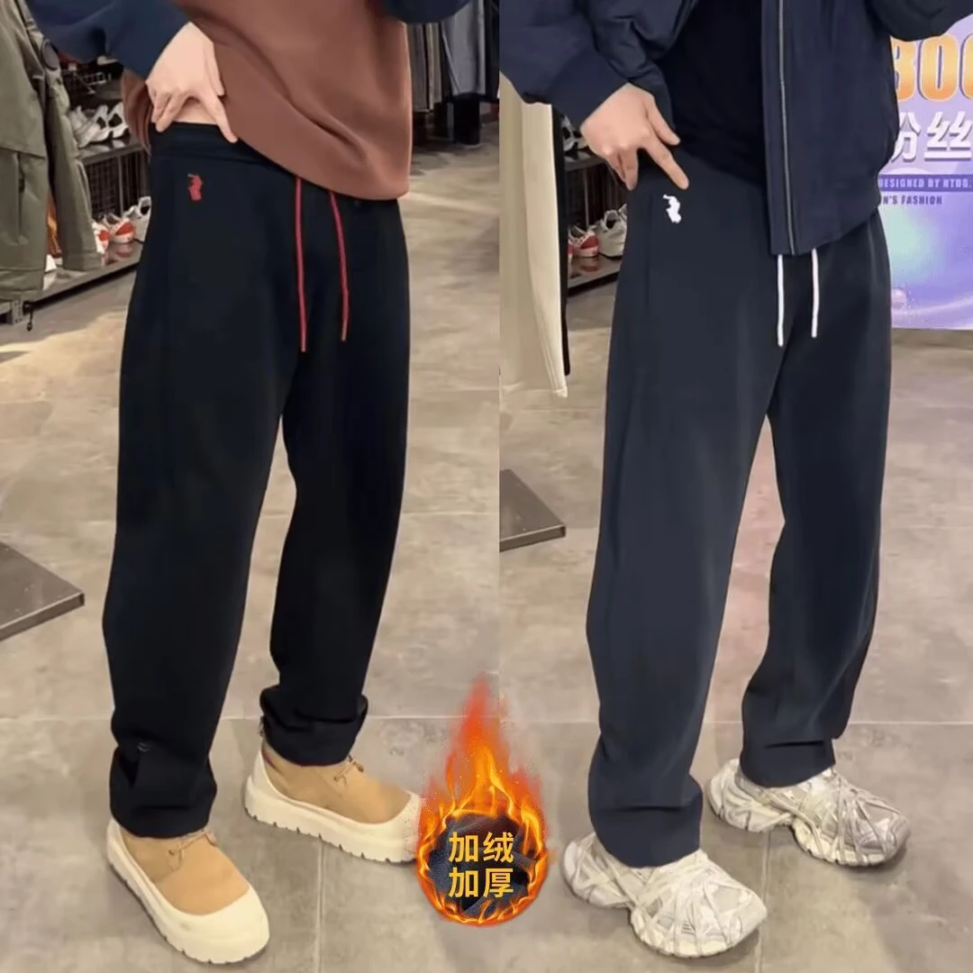冬季新款男士加绒加厚时尚长裤直筒抽绳松紧腰慵懒百搭休闲弯刀裤