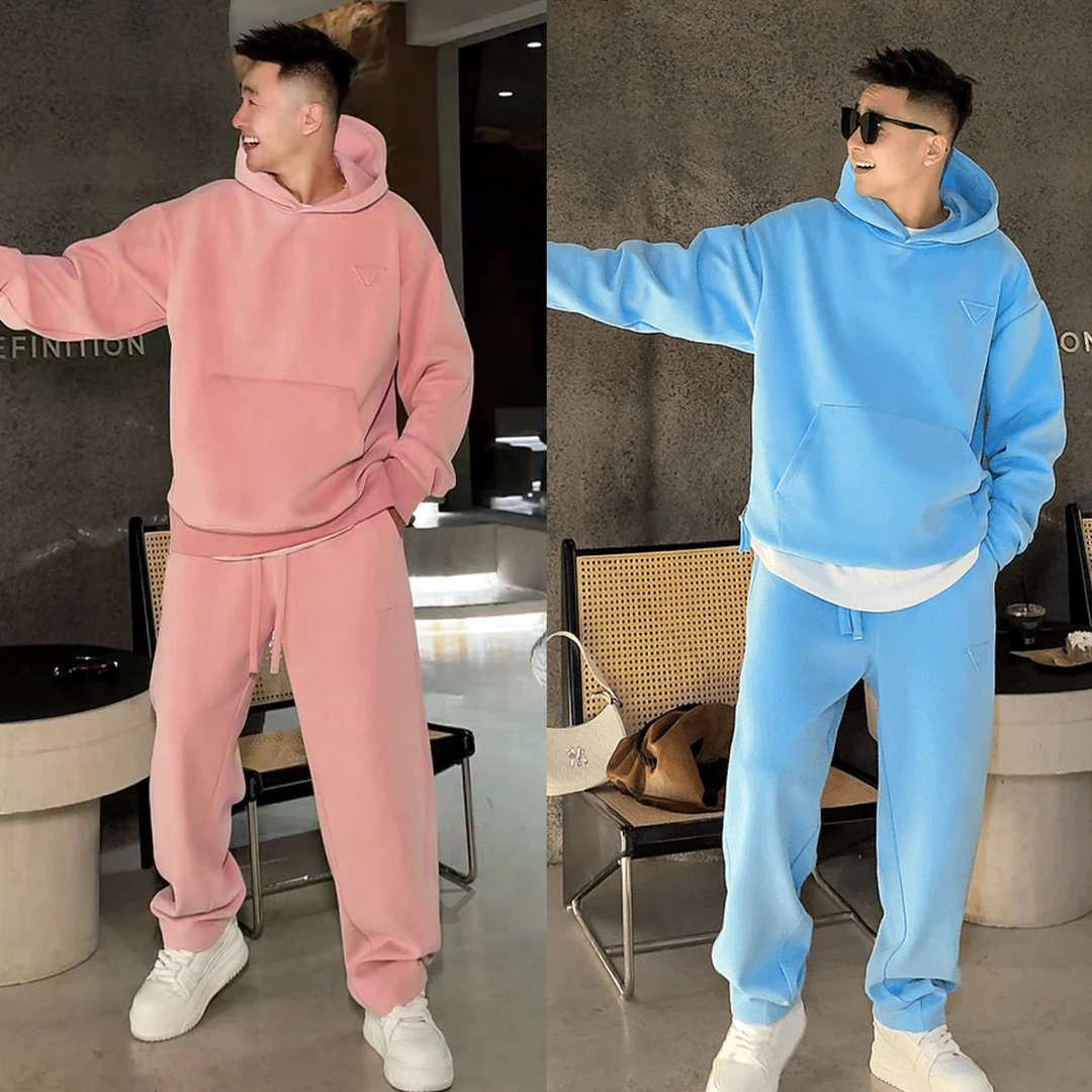 春秋新款纯色休闲连帽卫衣套装时尚男女同款运动潮流弯刀休闲裤