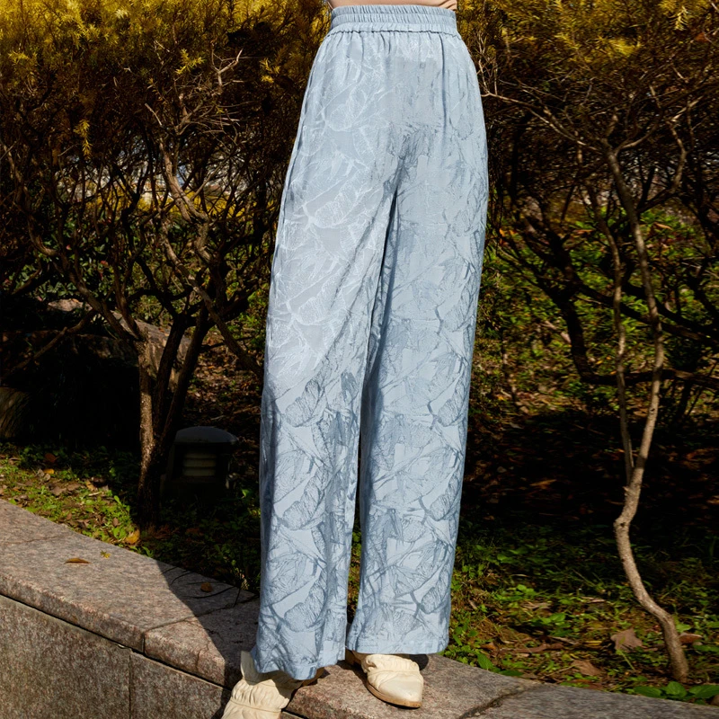 界内界外原创设计提花松紧腰高腰垂感直筒休闲长裤子J21K055