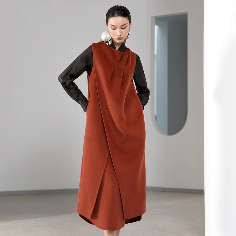界内界外褶皱解构气质显瘦宽松长款双面呢大衣长款马夹J33D902