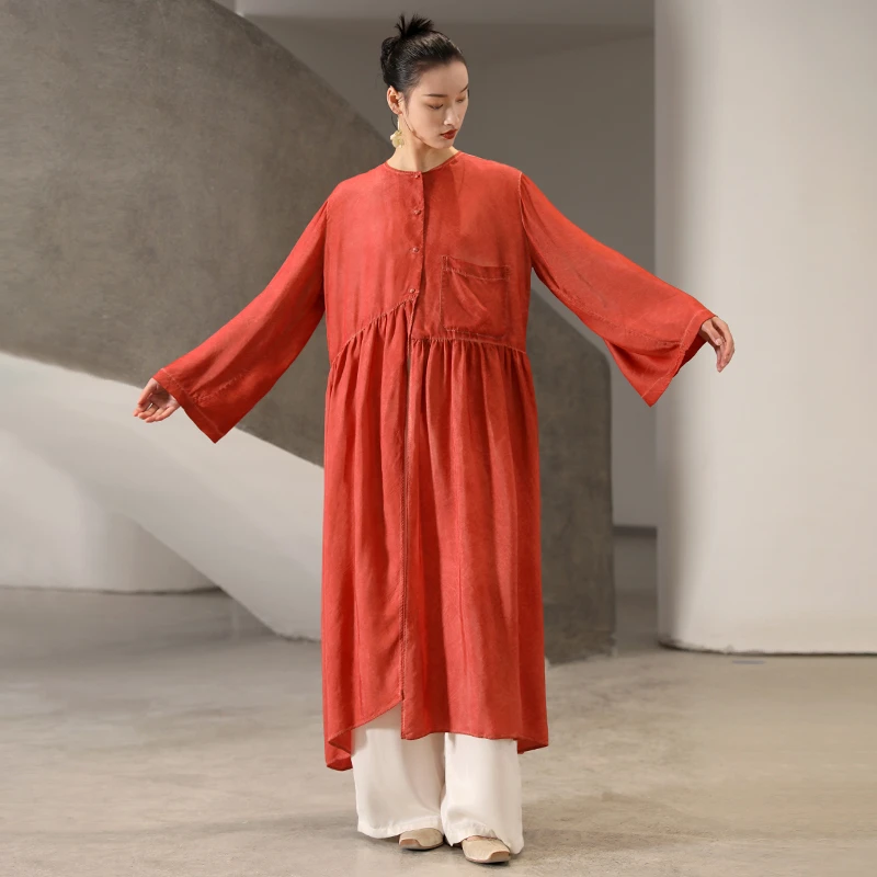 界内界外原创设计新中式国风铜氨丝宽松春秋长款连衣裙J31Q753-1