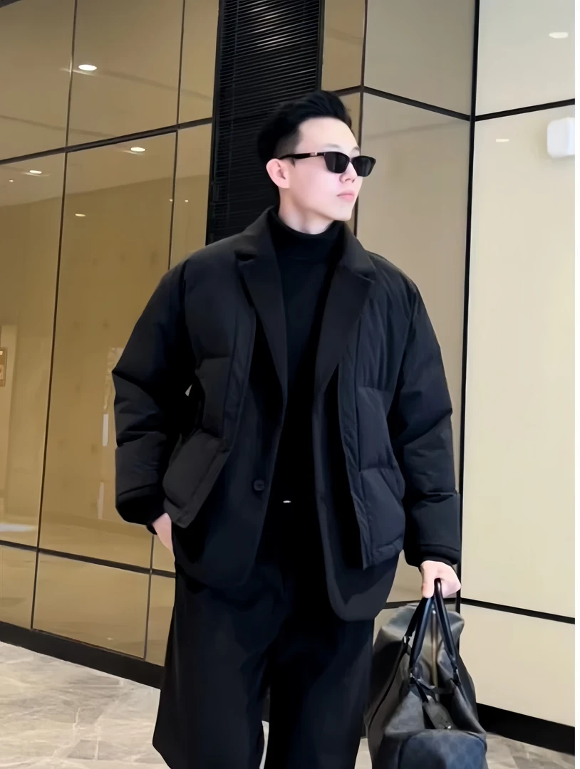 男款新款潮流韩版假两件冬季领设计男士宽松时尚纯色简约百搭棉衣