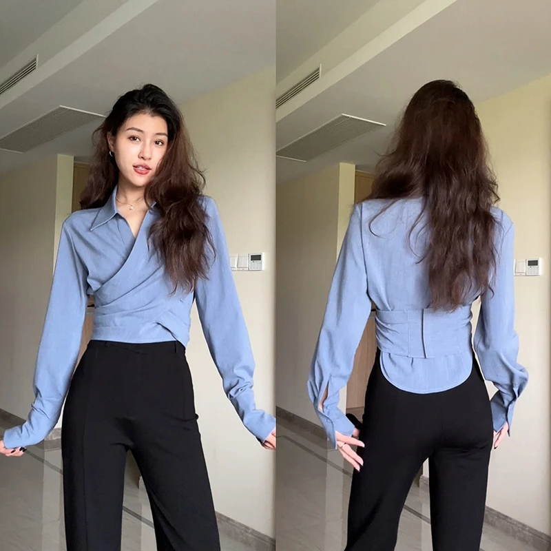 张阿星【雾蓝岛】通勤气质前片交叉魔术贴蓝衬衫+高腰直筒裤子