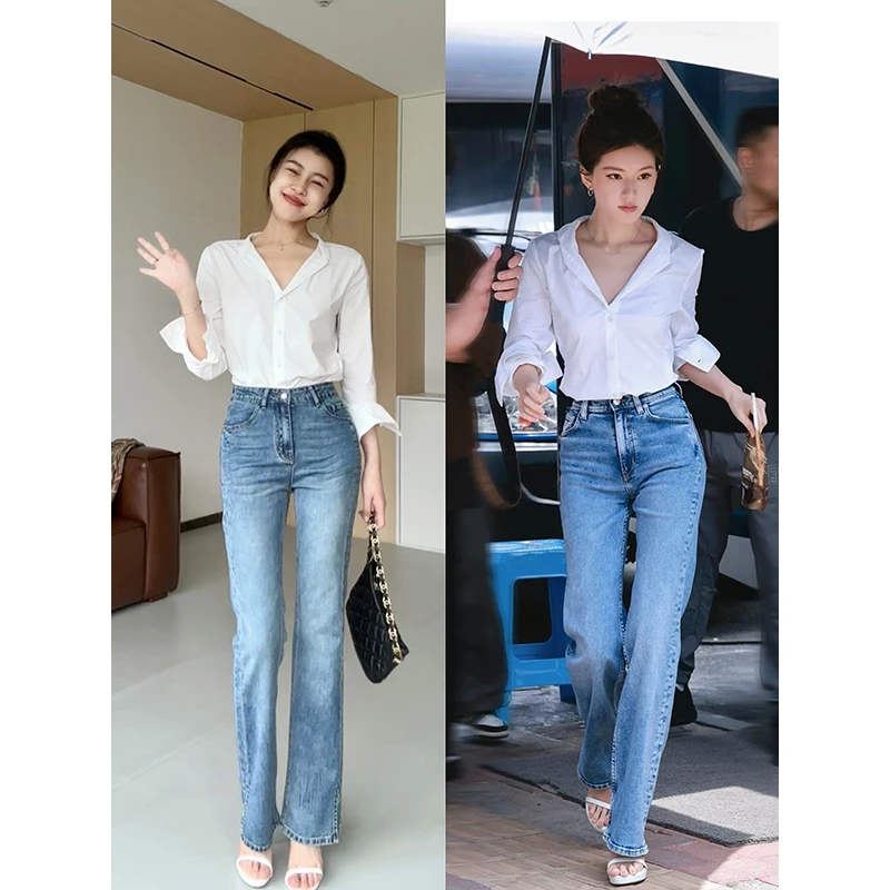 张阿星松弛老钱高级气质V领纯棉衬衫+直筒微喇牛仔裤 W424C09972
