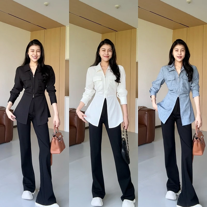 张阿星【小细腰】三色时尚休闲收腰遮肚纯色小众衬衫+气质百搭神裤