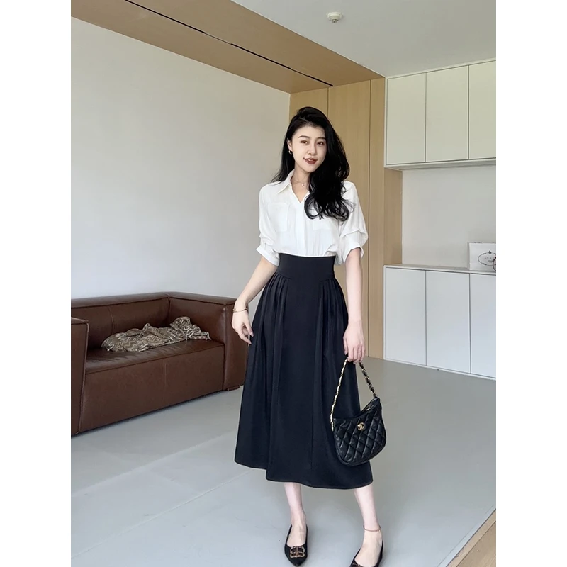 张阿星【心动舞曲】气质通勤宽松衬衫+赫本风高腰垂感小黑裙半裙