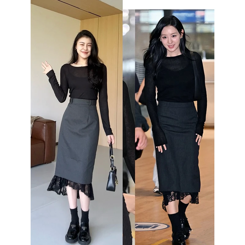 张阿星【心动响铃】气质微透假两件针织衫+蕾丝拼接修身高腰半裙