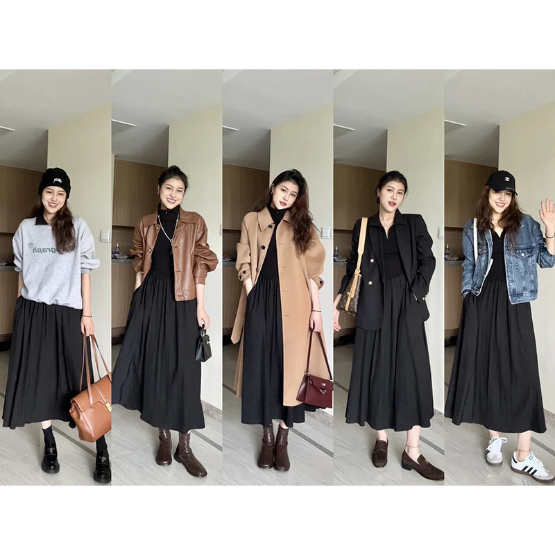 张阿星【苏黎少女】气质百搭POLO领长款加绒连衣裙小黑裙W423Q00647