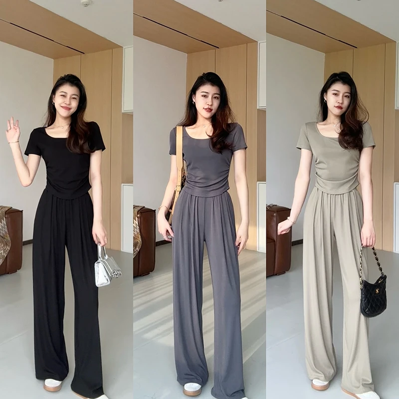 张阿星【舒适圈】通勤百搭纯色褶皱收腰修身T恤+高腰宽松垂感直筒裤