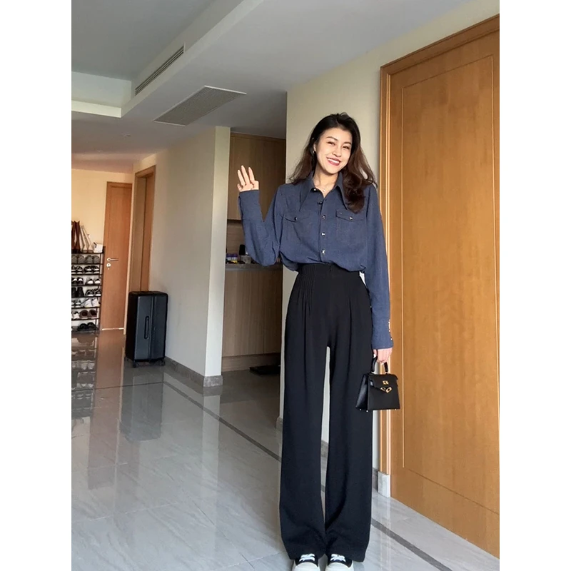 张阿星【百褶腰直筒裤】早秋高腰褶皱收腰百搭垂感黑色休闲直筒裤