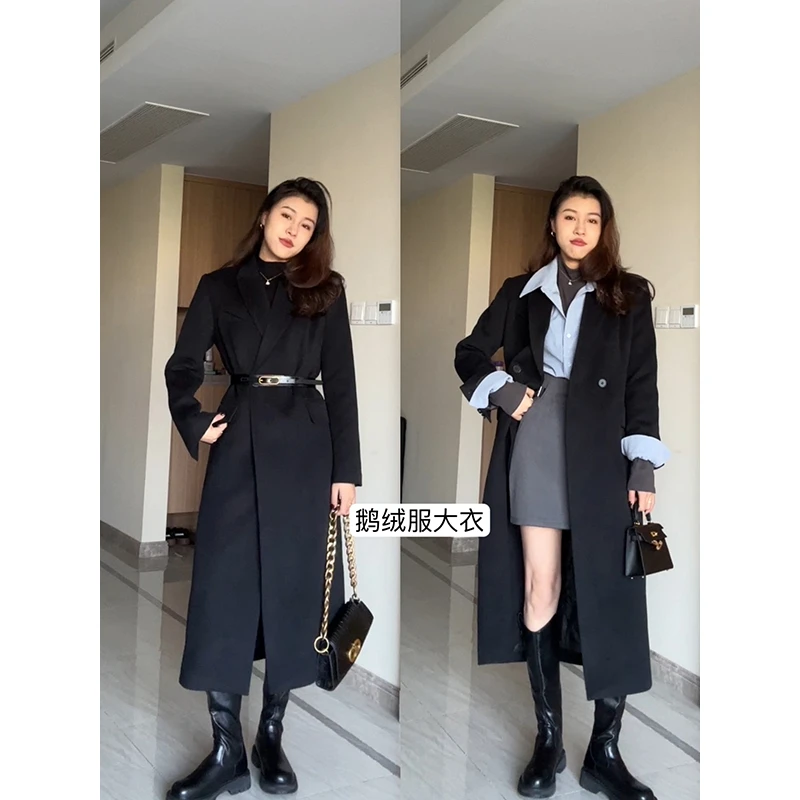 【现货48小时发】张阿星城市战袍气质黑色长款毛呢鹅绒服W423T09353