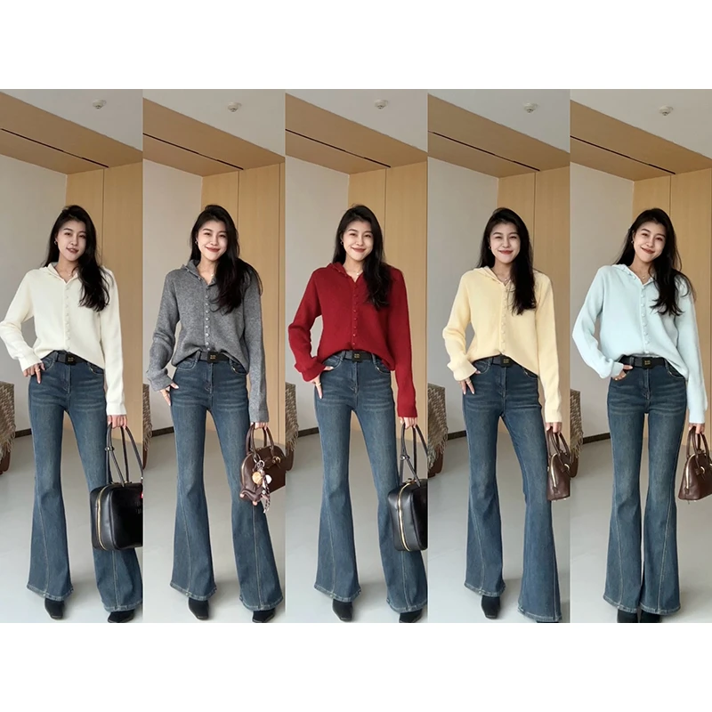 张阿星【氛围穿搭】多色连帽软糯针织衫+加绒微喇牛仔裤 W424X21051