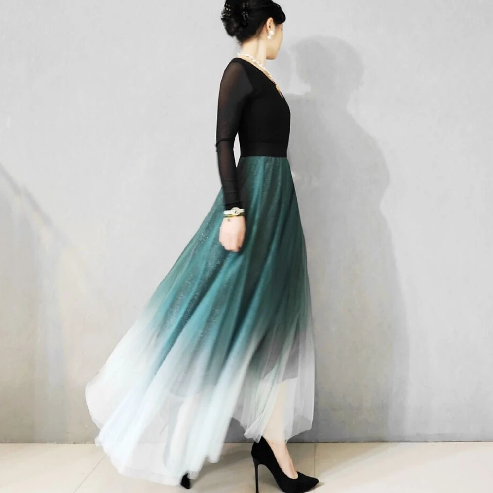 焕小沫飘逸渐变色亮丝衬中长款网纱裙半身裙复古民族舞新疆舞大摆