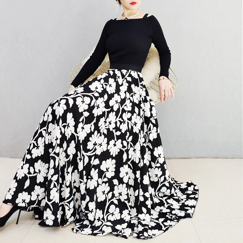 焕小沫720度大摆舞裙黑白花朵显瘦半身裙 百搭中长款气质垂感时尚