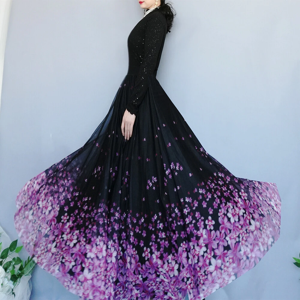 焕小沫实拍紫色渐变印花跳舞减龄a字大摆裙网纱裙显瘦中长半身裙