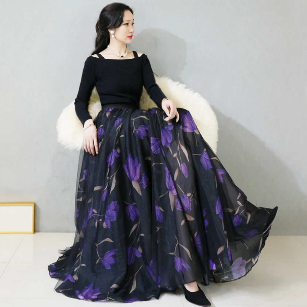 焕小沫大摆裙720度新疆舞半身裙大码雪纺纱高腰印花显瘦花色长裙