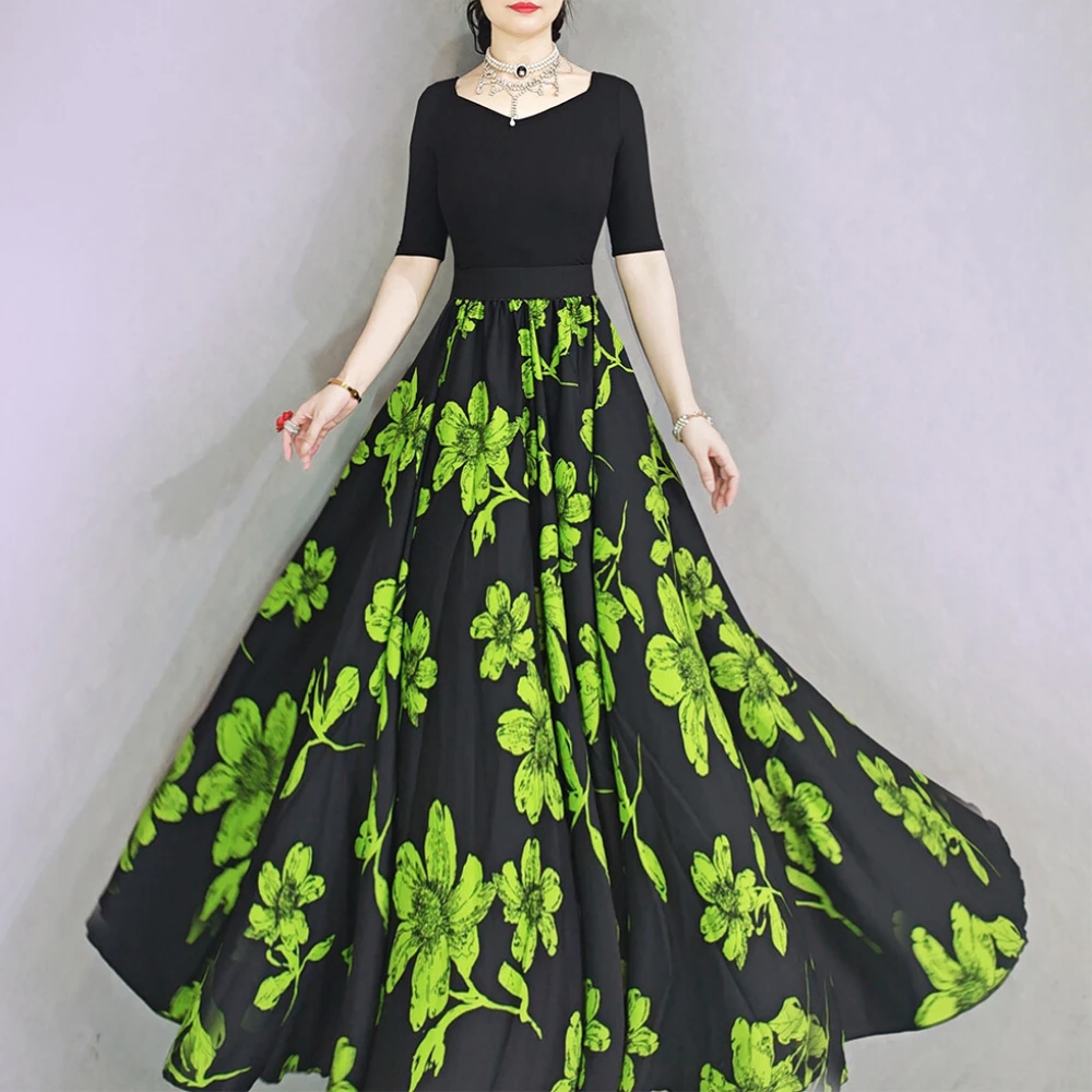 夏季气质720度大裙摆大码高腰裙子显瘦半身裙长款绿色花百搭舞裙