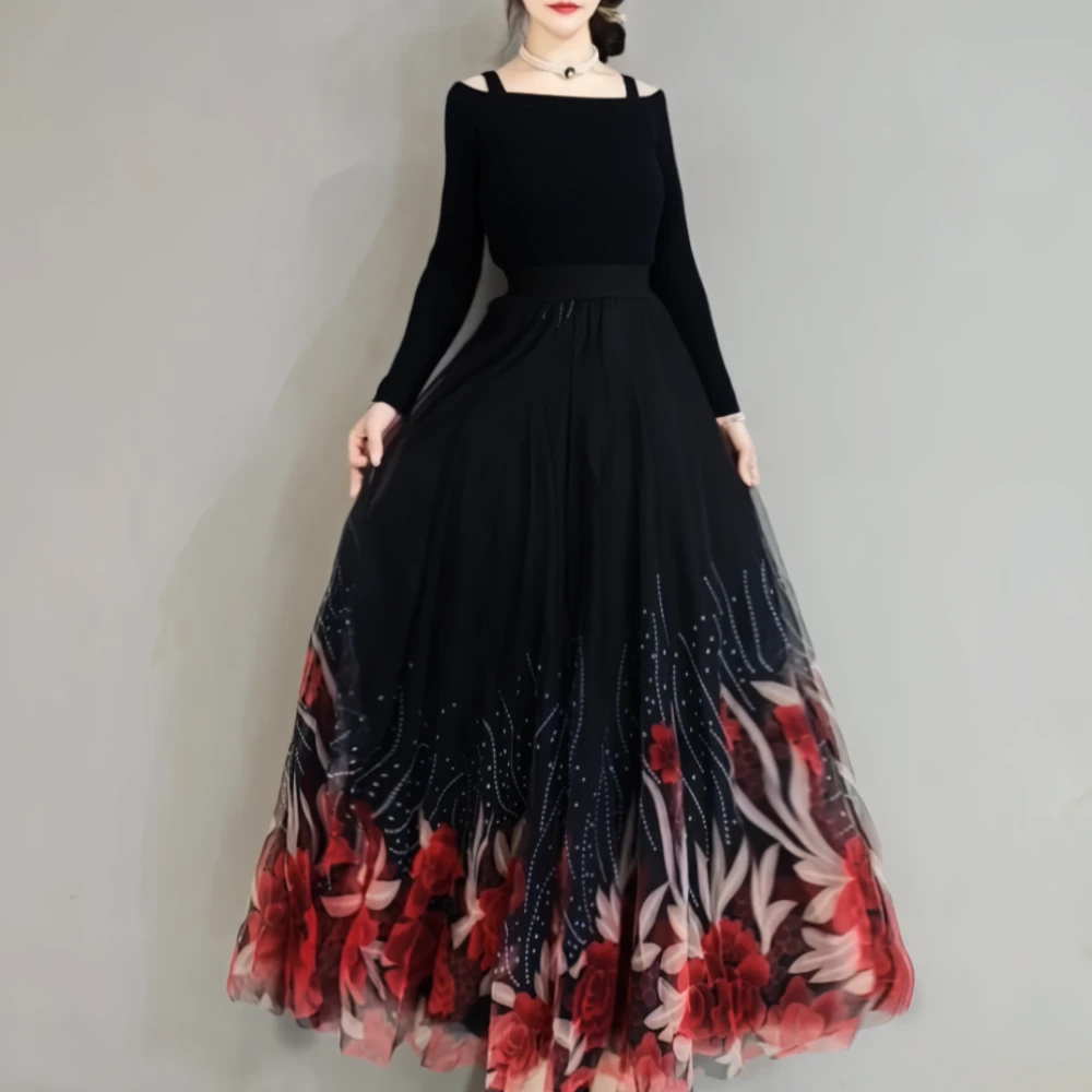优雅黑渐变印花纱裙百搭洋气大摆A字半身裙国风花色中长款大码裙