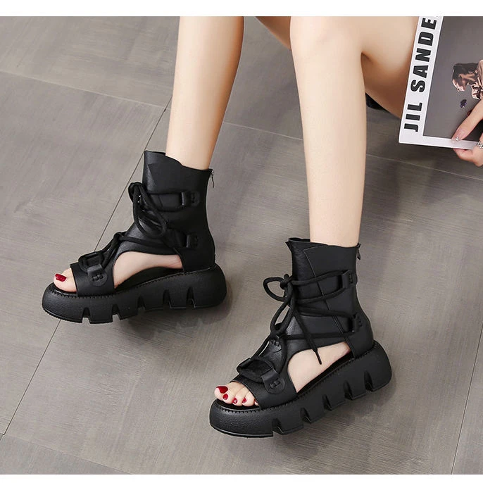 2024夏季新款复古镂空高帮罗马凉靴时尚前系带厚底纯色露趾百搭女