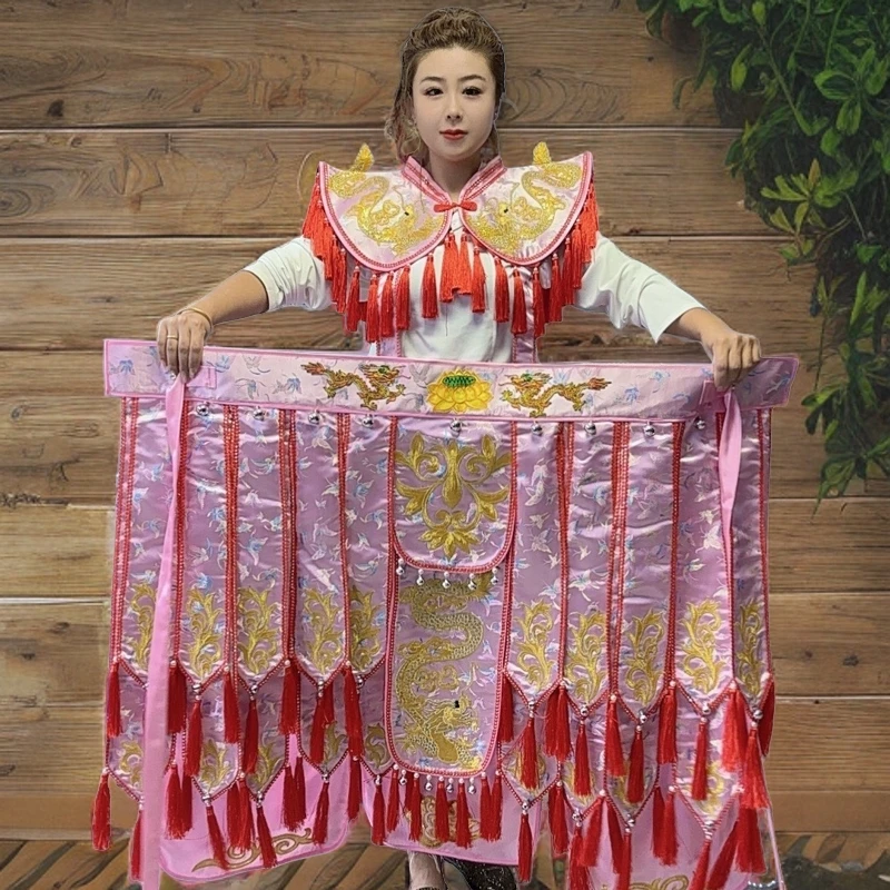 撒满披肩战裙战袍舞台演出服装民族服饰粉色红穗双龙款