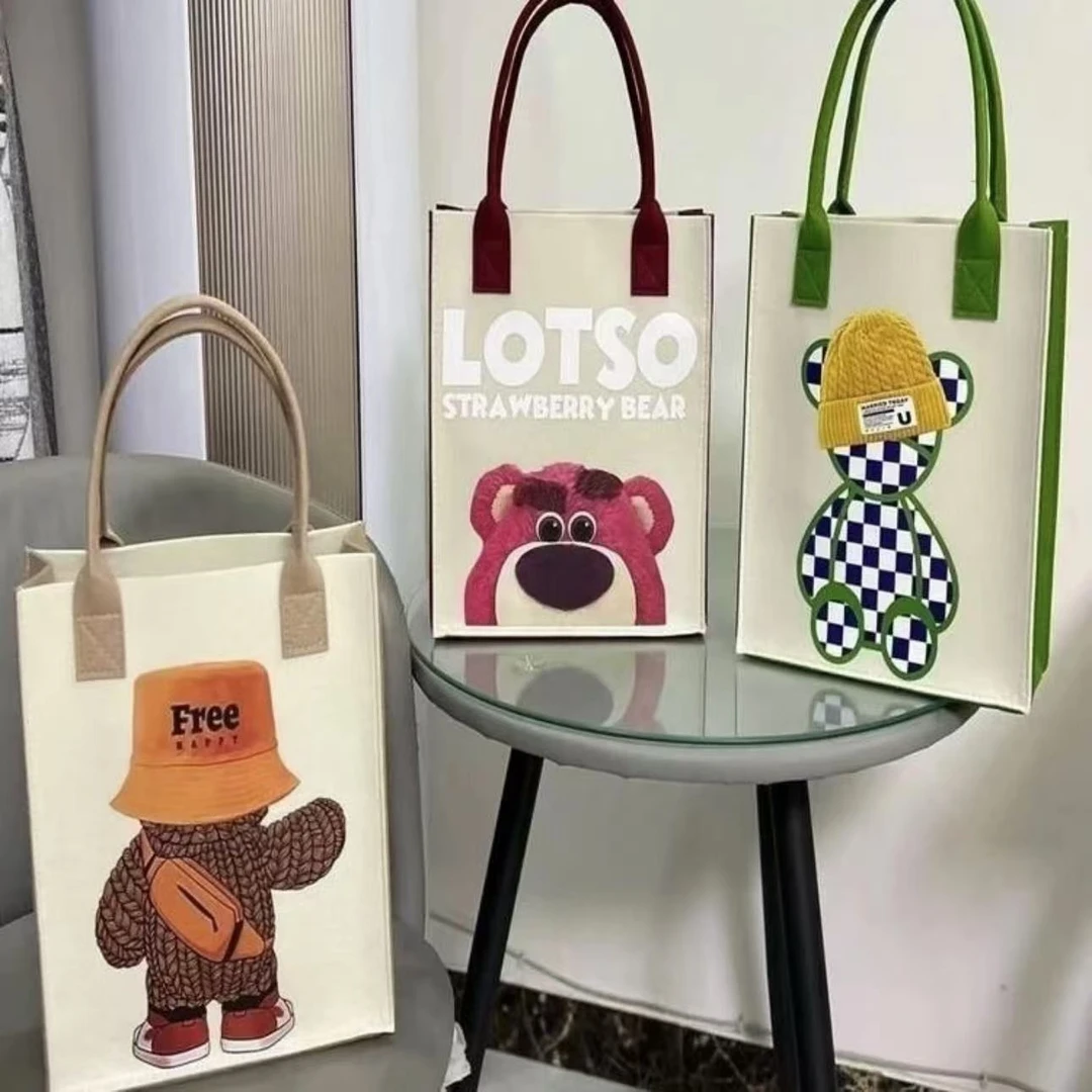 ins春季超萌卡通肩包百搭毛毡购物袋上班通勤便当包补习包高档包