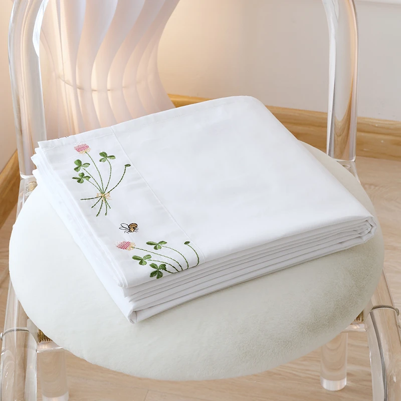 出口英国简约绣花纯棉床单单件双人100%全棉斜纹睡单刺绣床上用品