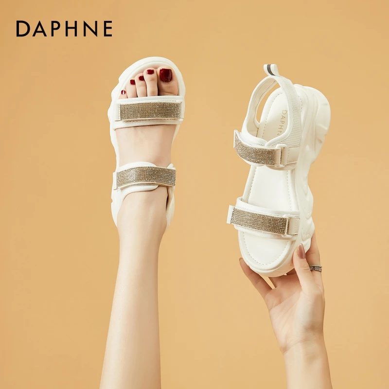 达芙妮时尚罗马凉鞋女2025年夏季水钻魔术贴运动凉鞋平底沙滩女鞋